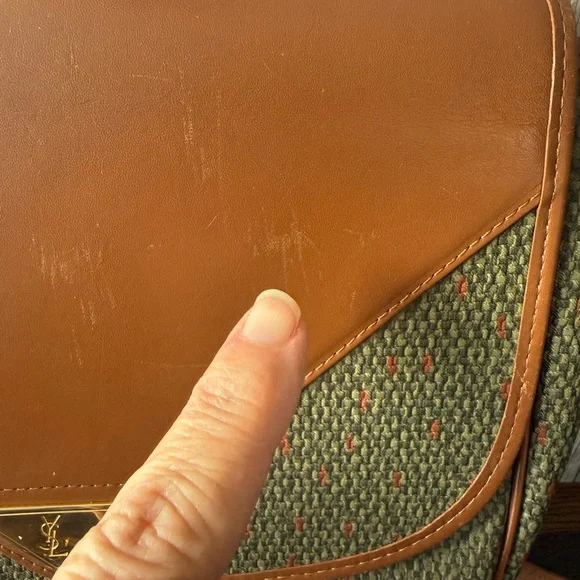 Yves Saint Laurent Olive Green Woven Crossbody with Tan Leather Trim - Picture 12 of 12